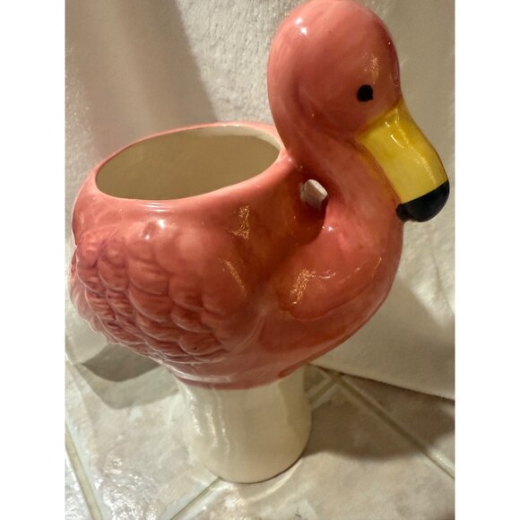 Hand-Painted Ceramic Flamingo Planter Vase Pink & Yellow ; Pretty in Pink Flamin - Picture 10 of 11